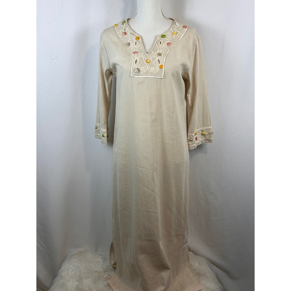 Vintage Beige Linen Kaftan Maxi Dress Embroidered Beaded V-Neck Hippie Boho‎ Sm